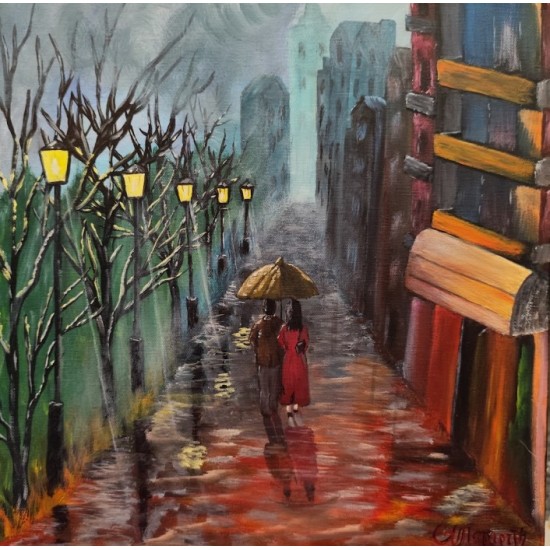 Acrylic Painting – "Couple Walking in the Rain"