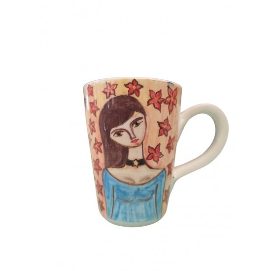 Hand-Painted Ceramic Mug with Woman in a Blue Dress