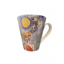 Hand-Painted Ceramic Mug with Woman in Santorini