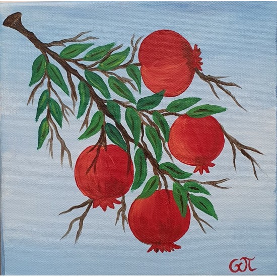 Painting on canvas with akrylics colors,pomegranate branch