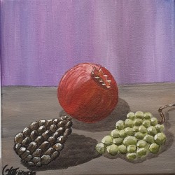 Painting on canvas with akrylics colors,pomegranate,pine and grape