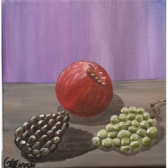Painting on canvas with akrylics colors,pomegranate,pine and grape