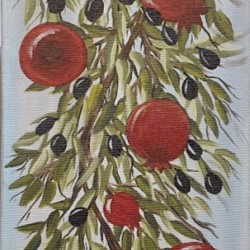 Painting on canvas with akrylics colors,pomegranate  and olive branch