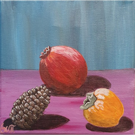 Painting on canvas with akrylics colors,Pomegranate,pine and lotus
