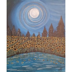 Painting on canvas with akrylics colors,sunflowers on starry sky