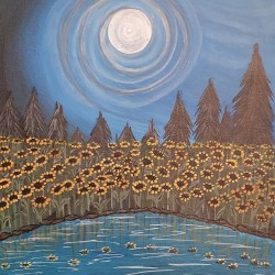 Painting on canvas with akrylics colors,sunflowers on starry sky
