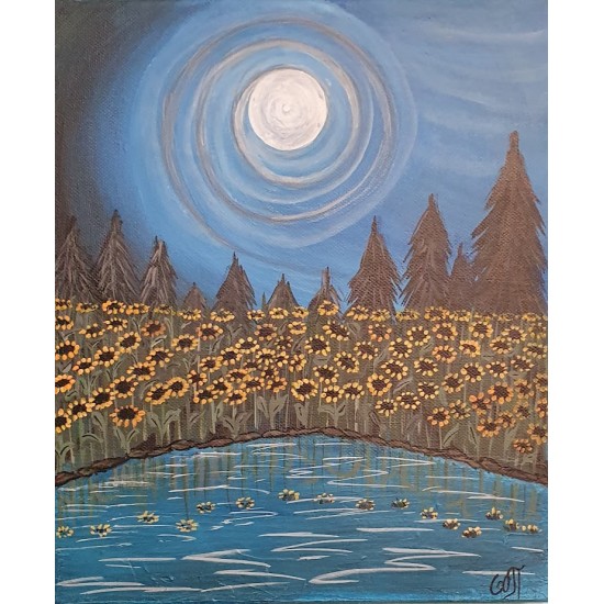 Painting on canvas with akrylics colors,sunflowers on starry sky