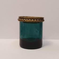 Hand blown glass,vaze with bronze top in green blue color