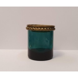 Hand blown glass,vaze with bronze top in green blue color