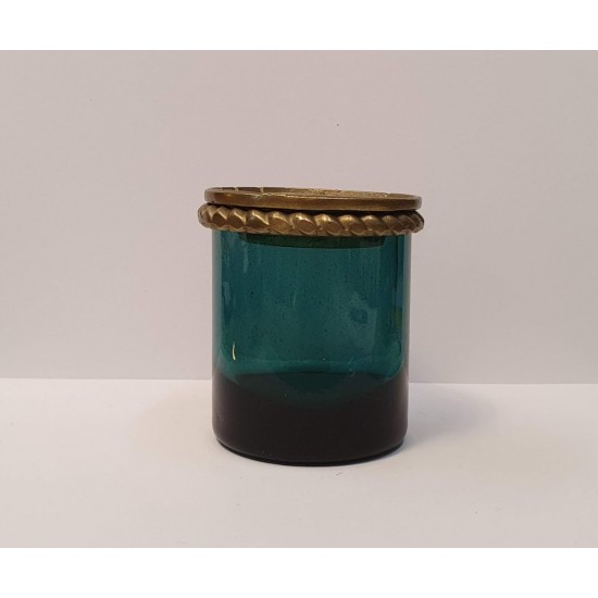 Hand blown glass,vaze with bronze top in green blue color