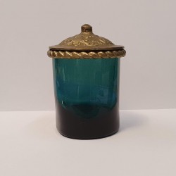 Hand blown glass,vase with bronze top in greenblue color