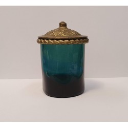 Hand blown glass,vase with bronze top in greenblue color