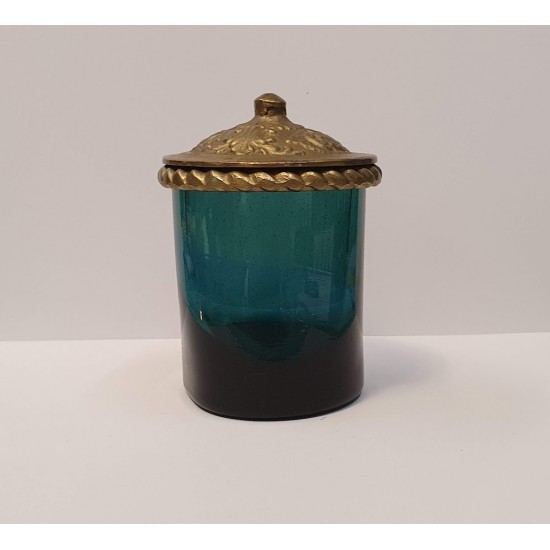 Hand blown glass,vase with bronze top in greenblue color