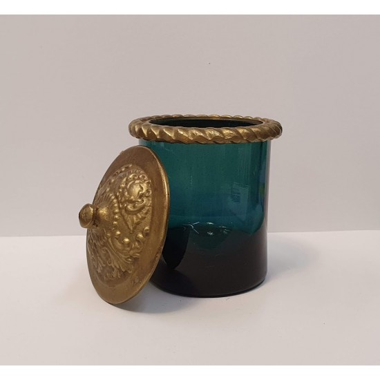 Hand blown glass,vase with bronze top in greenblue color