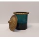 Hand blown glass,vase with bronze top in greenblue color