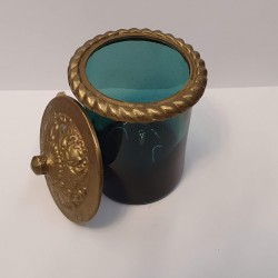 Hand blown glass,vase with bronze top in greenblue color
