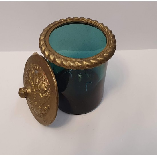 Hand blown glass,vase with bronze top in greenblue color
