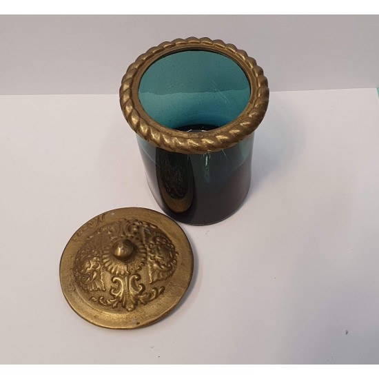 Hand blown glass,vase with bronze top in greenblue color