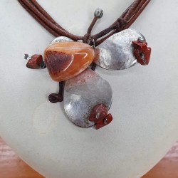 NECKLACE SILVER 925 WITH CARNELIAN AND LETHER 41CM+
