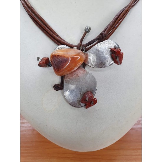 NECKLACE SILVER 925 WITH CARNELIAN AND LETHER 41CM+