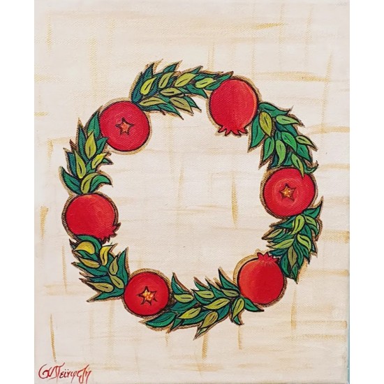 Painting on canvas with akrylics colors,pomegranate Wreath