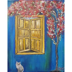 Painting on canvas with akrylics colors,bougainvillea