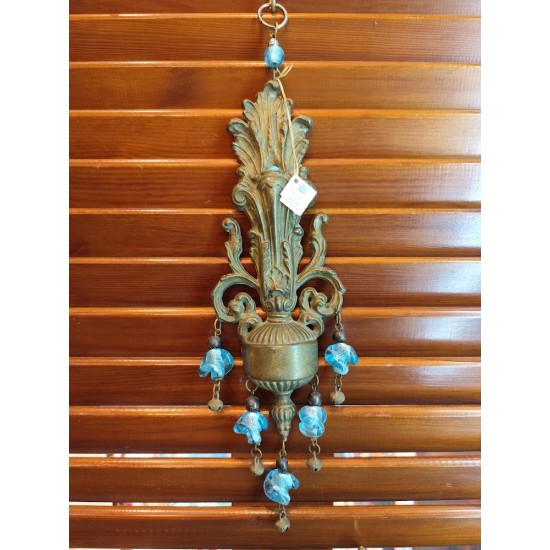 Handmade Collectible Charm – Brass Coat of Arms Decorated with Glass Blue Beads and Metallic Elements