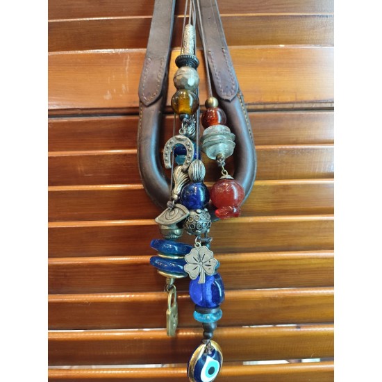 Handmade Collectible Good Luck Charm – Authentic Leather Horse Accessory Embellished with Glass Beads and Metallic Elements – Greek Craftsmanship