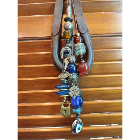 Handmade Collectible Good Luck Charm – Authentic Leather Horse Accessory Embellished with Glass Beads and Metallic Elements – Greek Craftsmanship