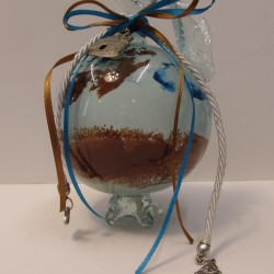 Hand blown glass,pomegranate symbol for good luck in white-blue and brown hues