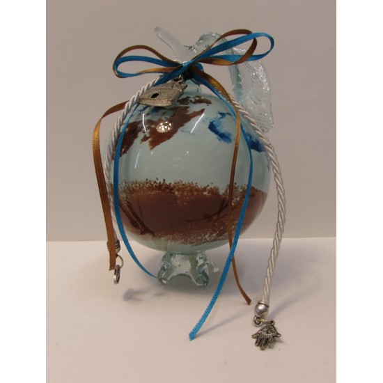 Hand blown glass,pomegranate symbol for good luck in white-blue and brown hues