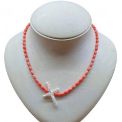NECKLACE WITH GLASS BEADS AND CROSS FROM SHELL 43CM