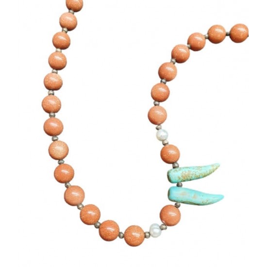 SILVER 925 NECKLACE WITH GOLDSAND STONES,REAL PERLS AND TURQUOISE 43CM+