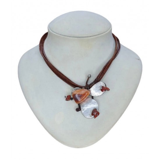 NECKLACE SILVER 925 WITH CARNELIAN AND LETHER 41CM+