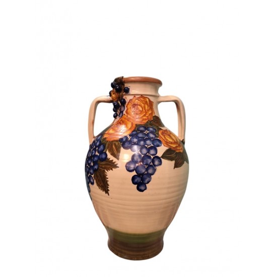 Hand-Painted Ceramic Jug with Embossed Roses and Grapes