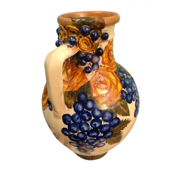 Hand-Painted Ceramic Jug with Embossed Roses and Grapes
