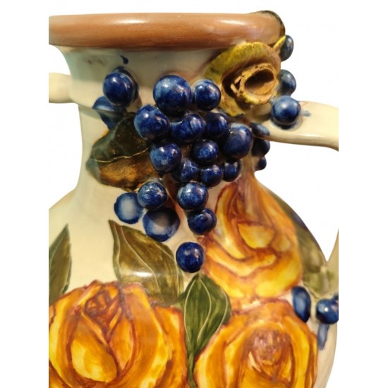 Hand-Painted Ceramic Jug with Embossed Roses and Grapes