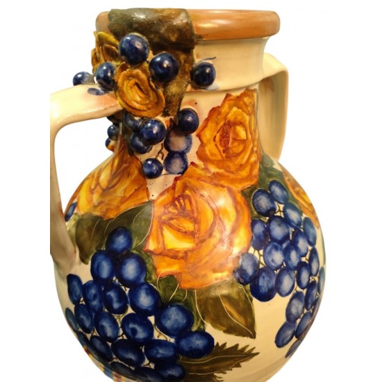 Hand-Painted Ceramic Jug with Embossed Roses and Grapes